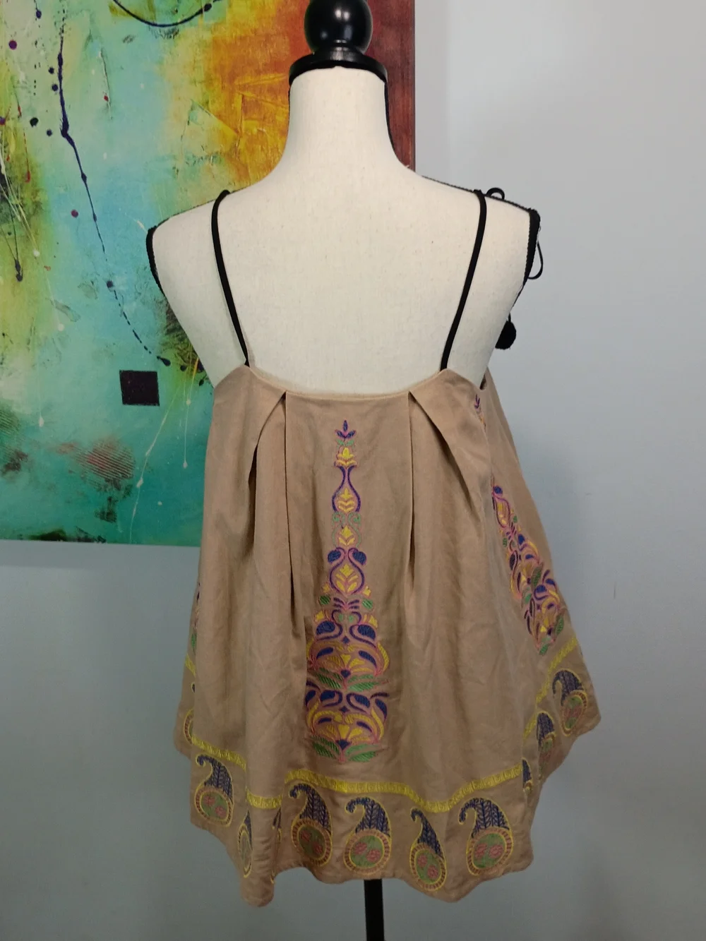 Endless Rose Embroidered Tan Shift Top With Pom Pom Shoulder Ties - Picture 4 of 8